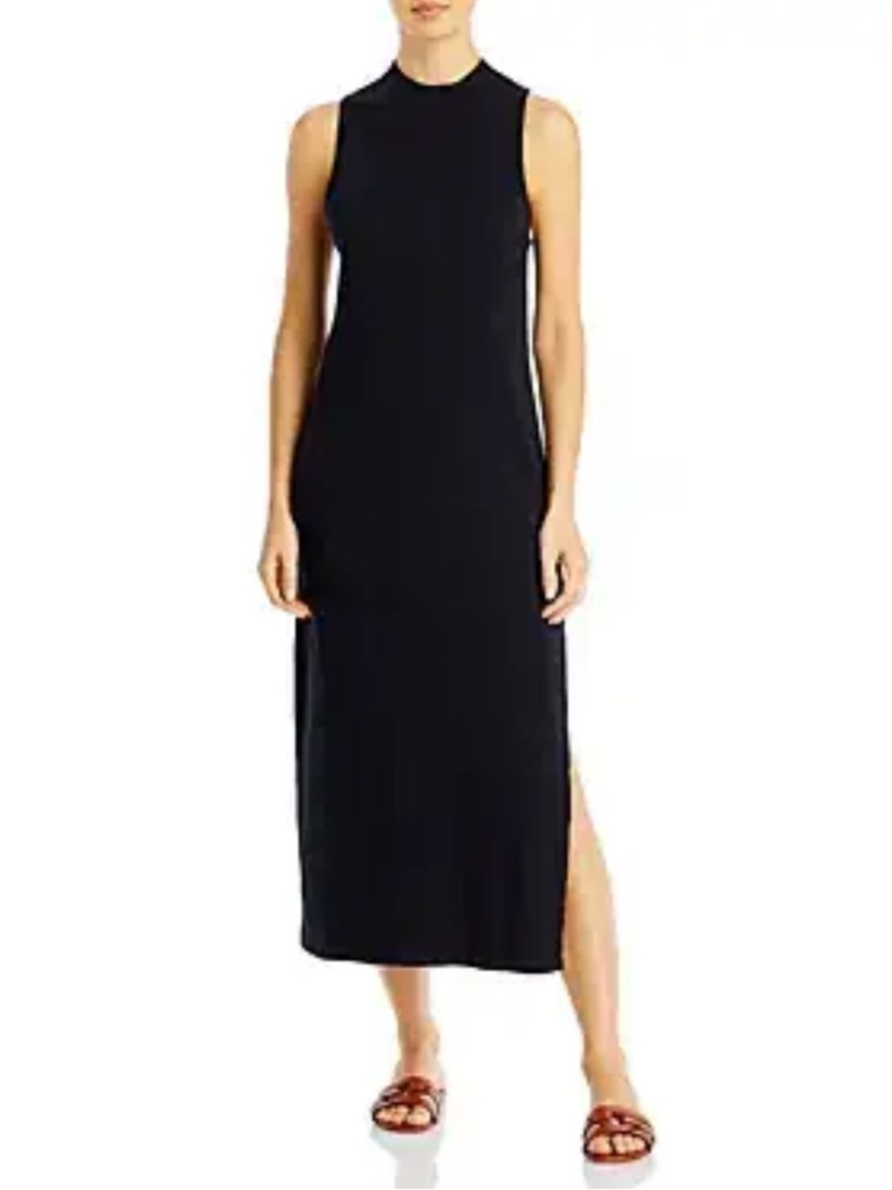 Bella Dahl M Black Textured Midi Dress Sleeveless High Neck Quiet Luxury Chic